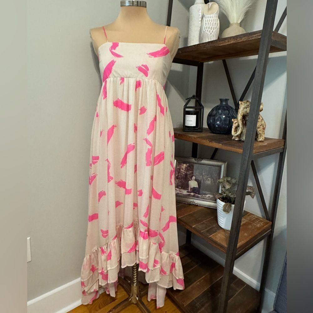 KLEID Long Cream Ivory/Pink High Low Ruffle Maxi Art Brush Stroke Women’s SZ LRG
